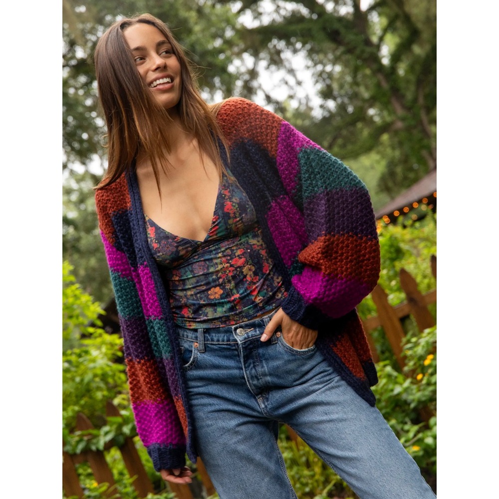 Natural Life Oversized Striped Chunky Knit Cardigan Sweater S/M Boho Granola